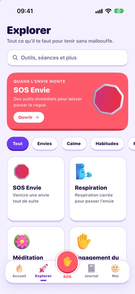 L'onglet Explorer de NoJunk avec le SOS Envie, la respiration et la méditation